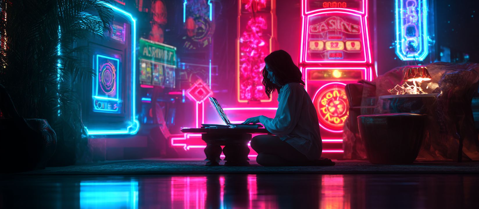 Woman using her laptop in a neon-lit room filled with colorful Ywkk slot machines.