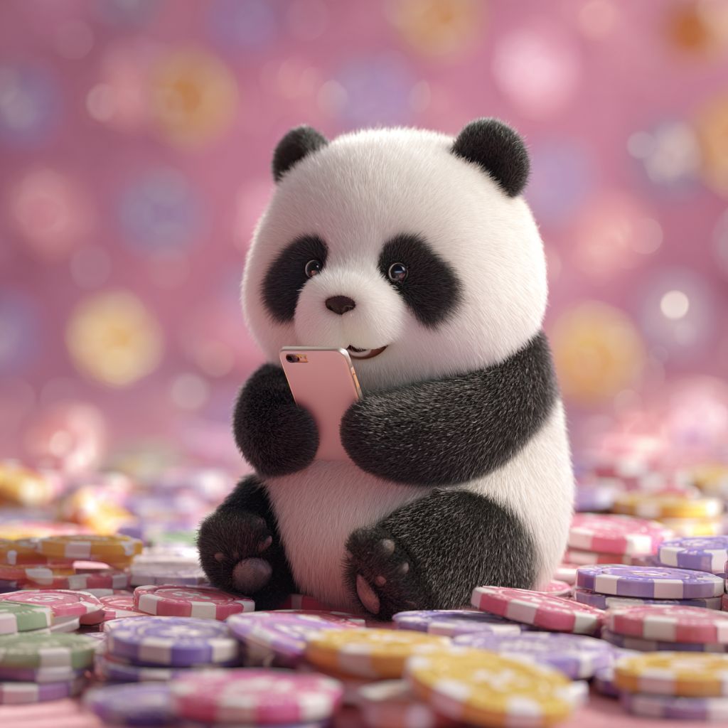 Cute Ywkk panda mascot smiling while using a smartphone surrounded by colorful casino chips.