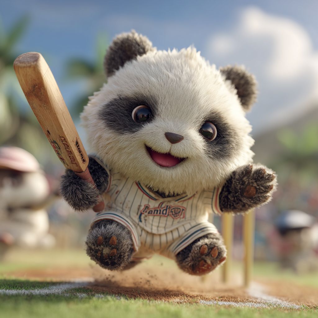 Cheerful Ywkk panda in a baseball outfit swinging a bat, symbolizing the excitement of sports betting.