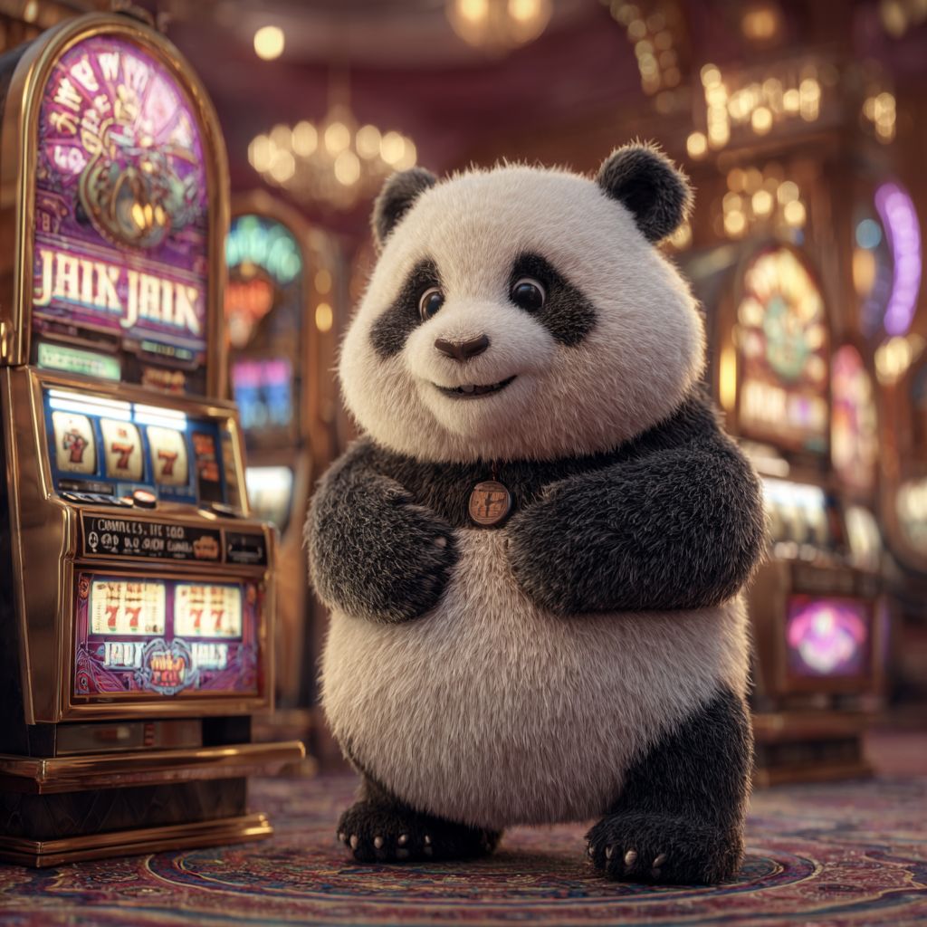 Friendly Ywkk panda standing near shining slot machines, ready to spin and win.
