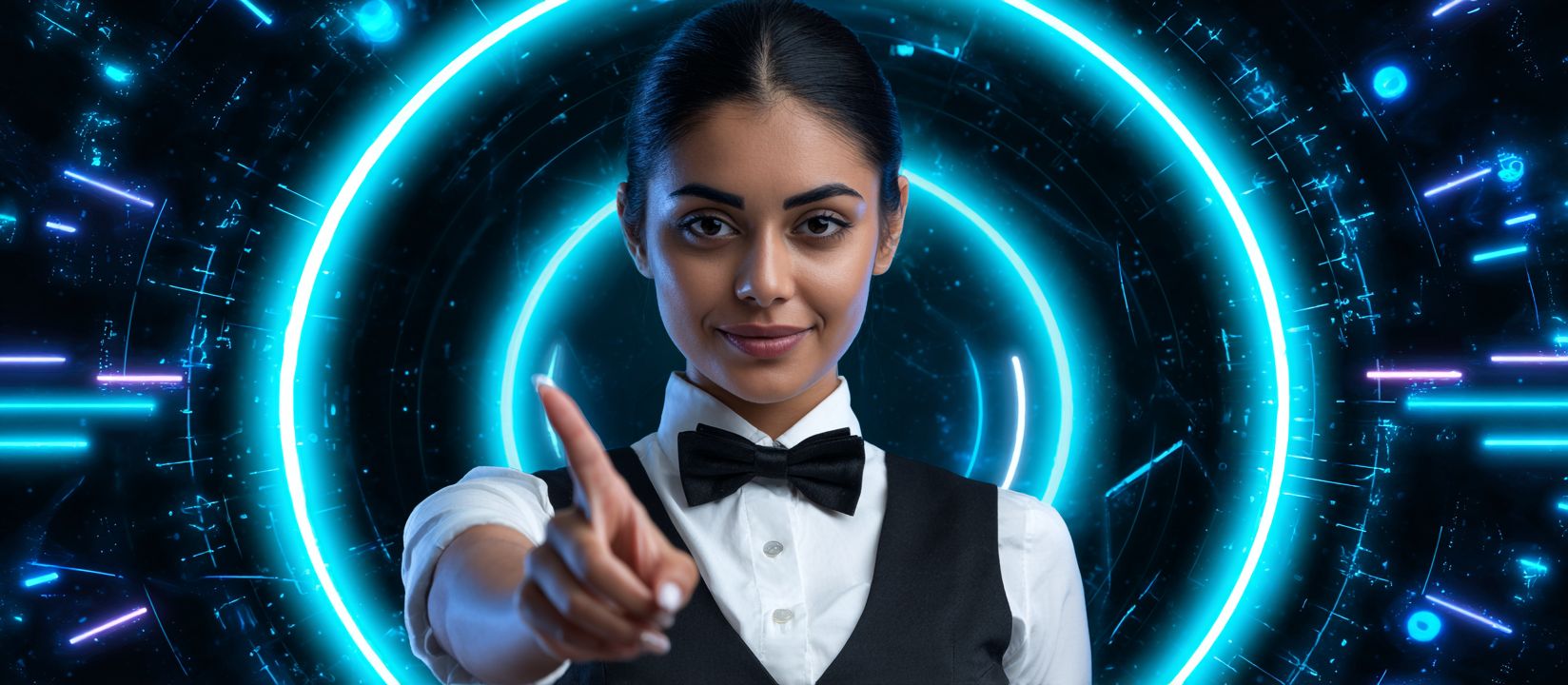 Confident female dealer pointing forward in a futuristic blue light, symbolizing the next step into the Ywkk casino world.
